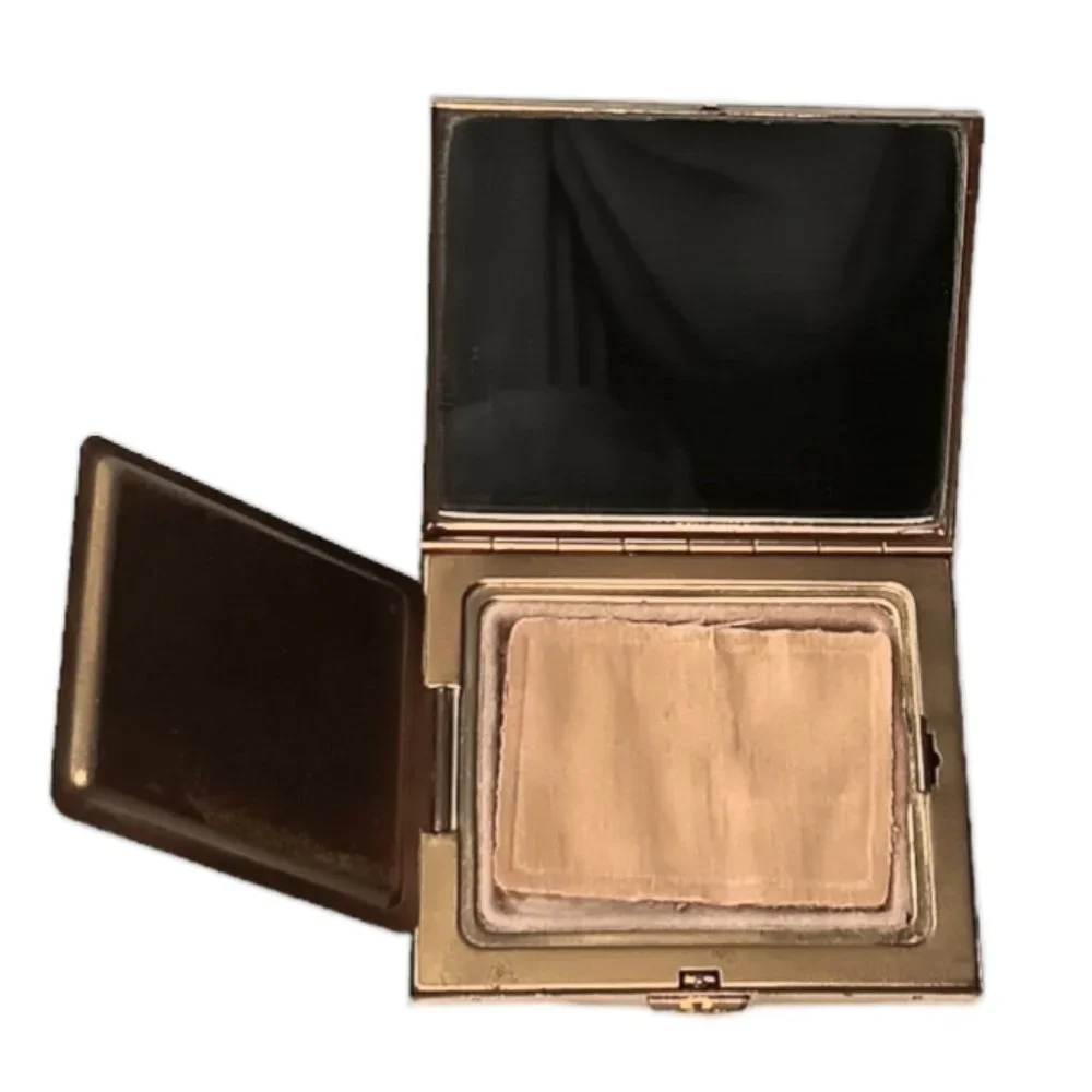 Vintage Gold Powder Compact With Mirror Wave Sea Ocean Design With Powder Puff